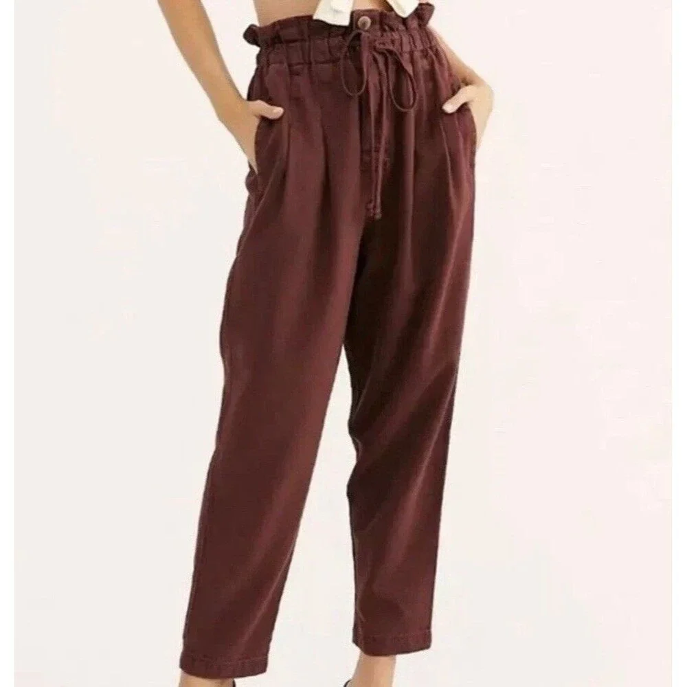 Free People Margate Paper Bag Pants—Women Sz S Pleated Burgundy Vina Lagenlook